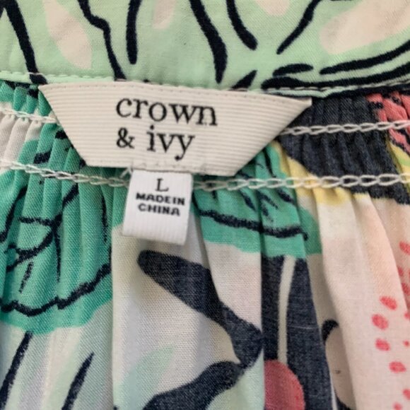 Crown & Ivy L Tropical Floral BOHO V-Neck 3/4 Sleeve Peasant Blouse 75C - Picture 6 of 7